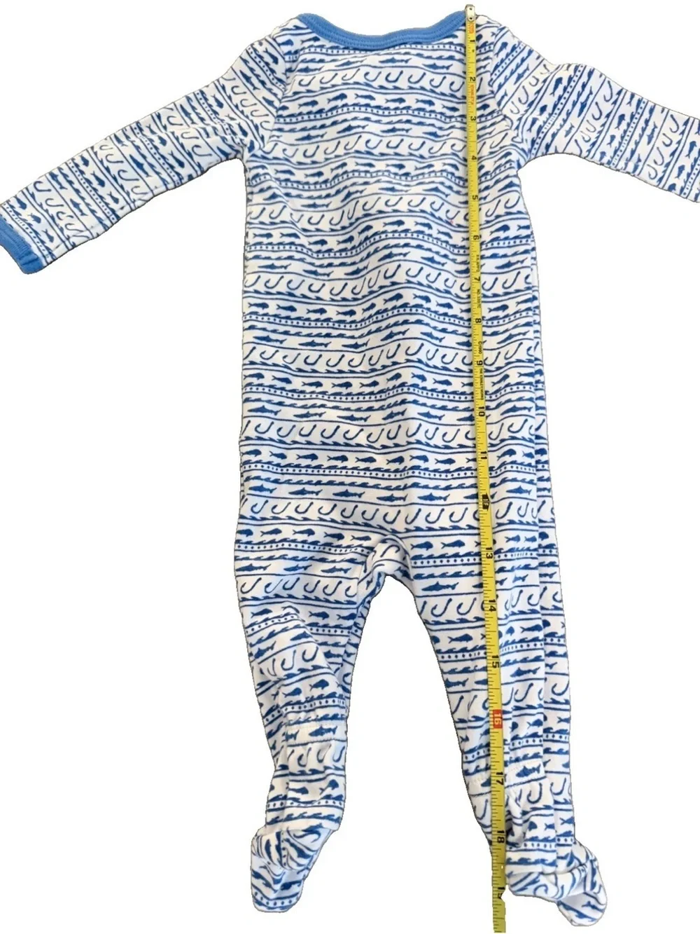 Vineyard Vines 0-3m Boy White Blue Fish Zipper Footed Pajamas, Pima Cotton EUC